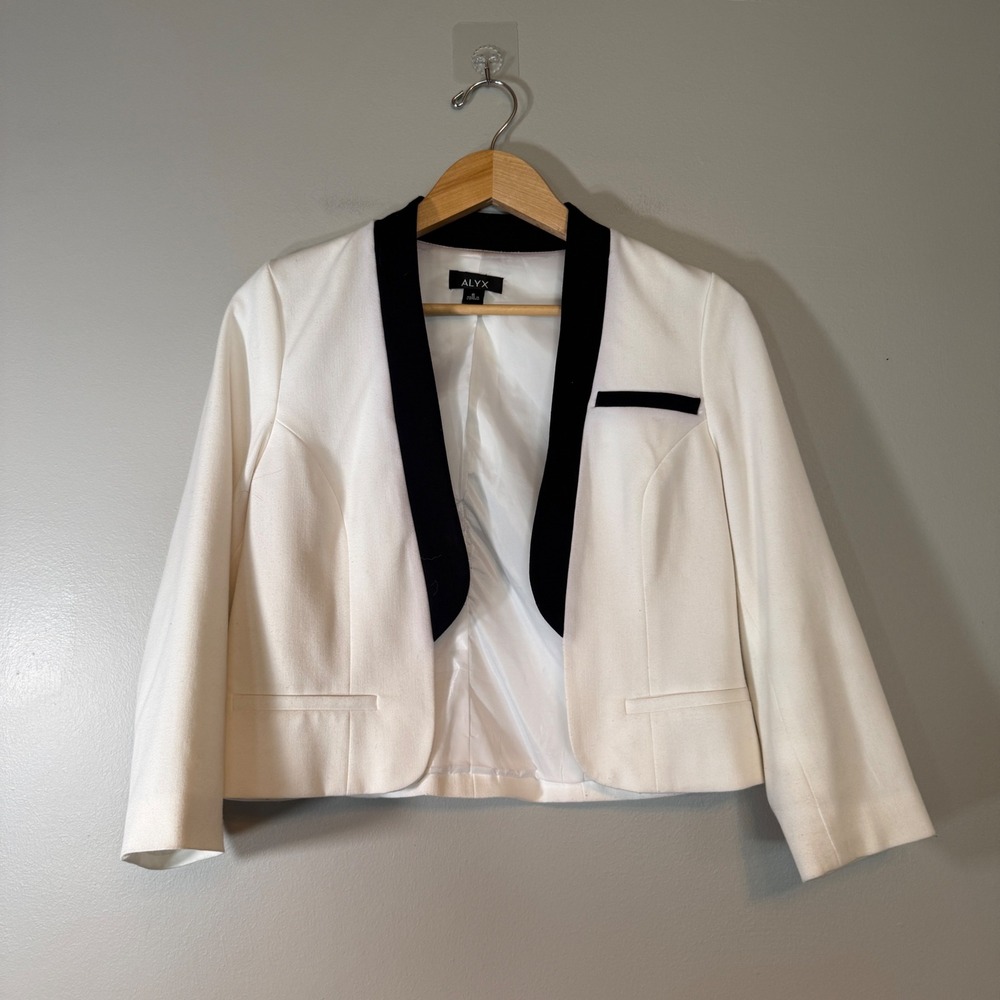ALYX Womens White Cropped Blazer Black Contrast Shawl Collar Open Front Size 6